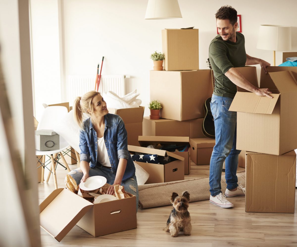 Young couple in new apartment with small dog